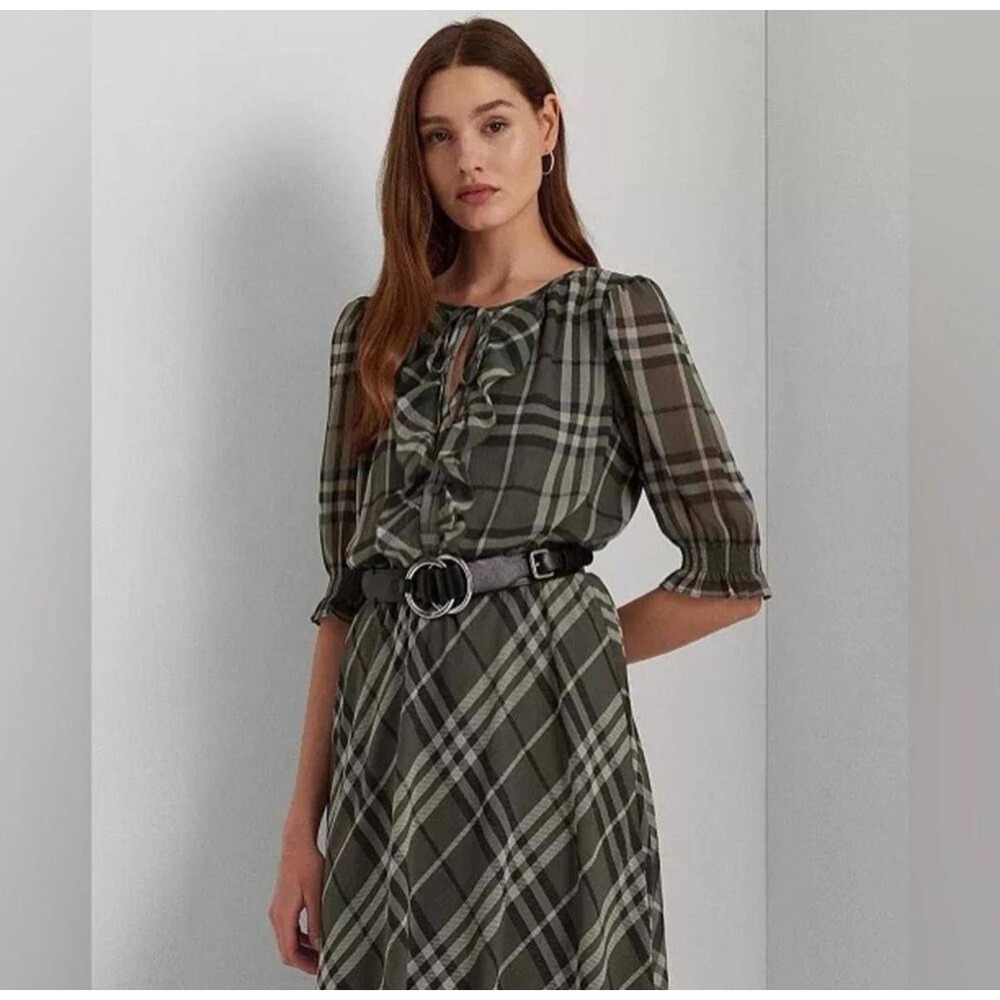Lauren Ralph Lauren Plaid Ruffle Neck Maxi Dress Green Beige Size 16‎